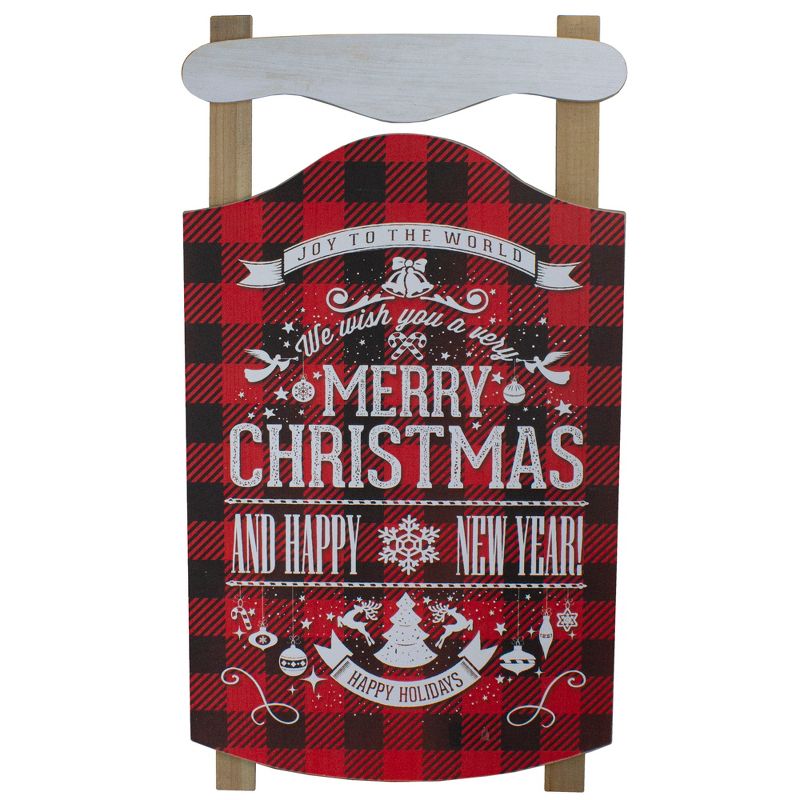 Northlight 24&rdquo; Red and Black Buffalo Plaid Merry Christmas Sled Wooden Hanging Wall Sign