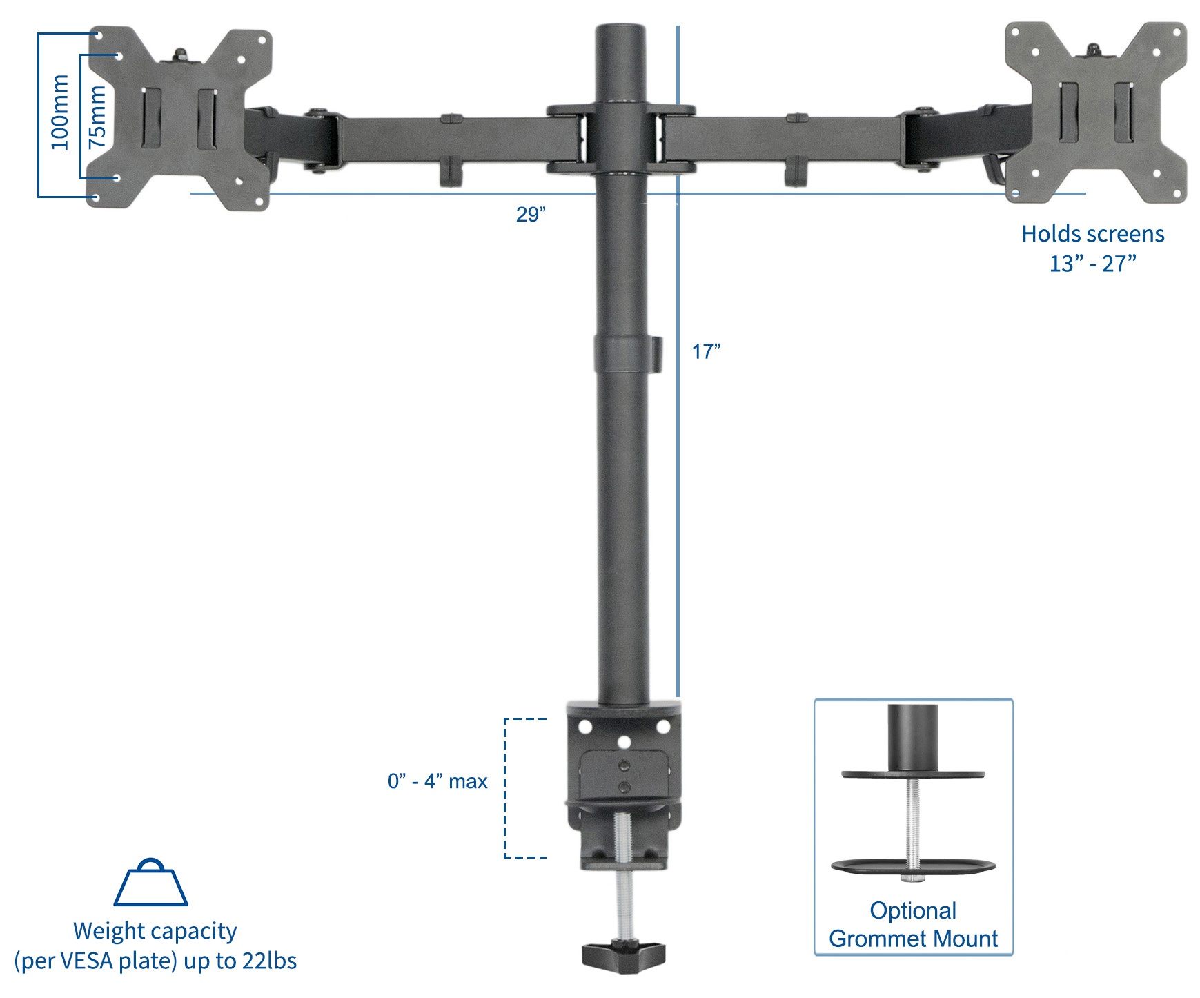 VIVO Dual LCD Monitor Desk Mount Stand Heavy Duty Fully Adjustable Fits 2 Screens up to 27" (STAND-V002)