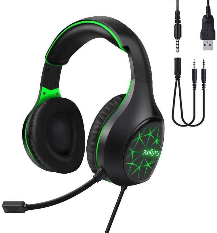 Aolyty Pro Gaming Headset 7.1 Stereo Surround with LED Light Mic Noise Cancelling Over Ear Headphones Compatible with Computer Laptop Phone TabletPS5 PS4 (Green)