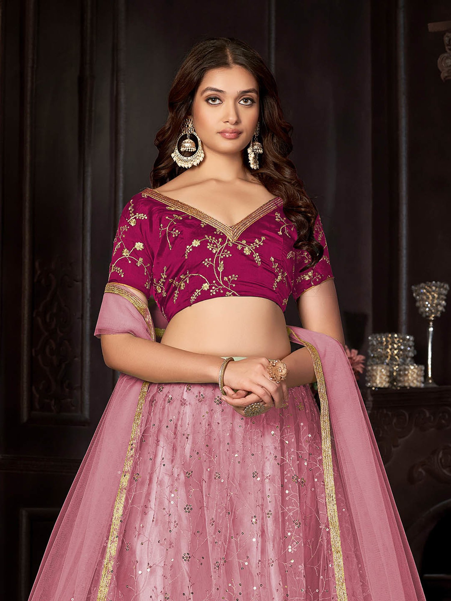 Warthy Ent Pink Embroidered Lehenga Choli Set With Dupatta