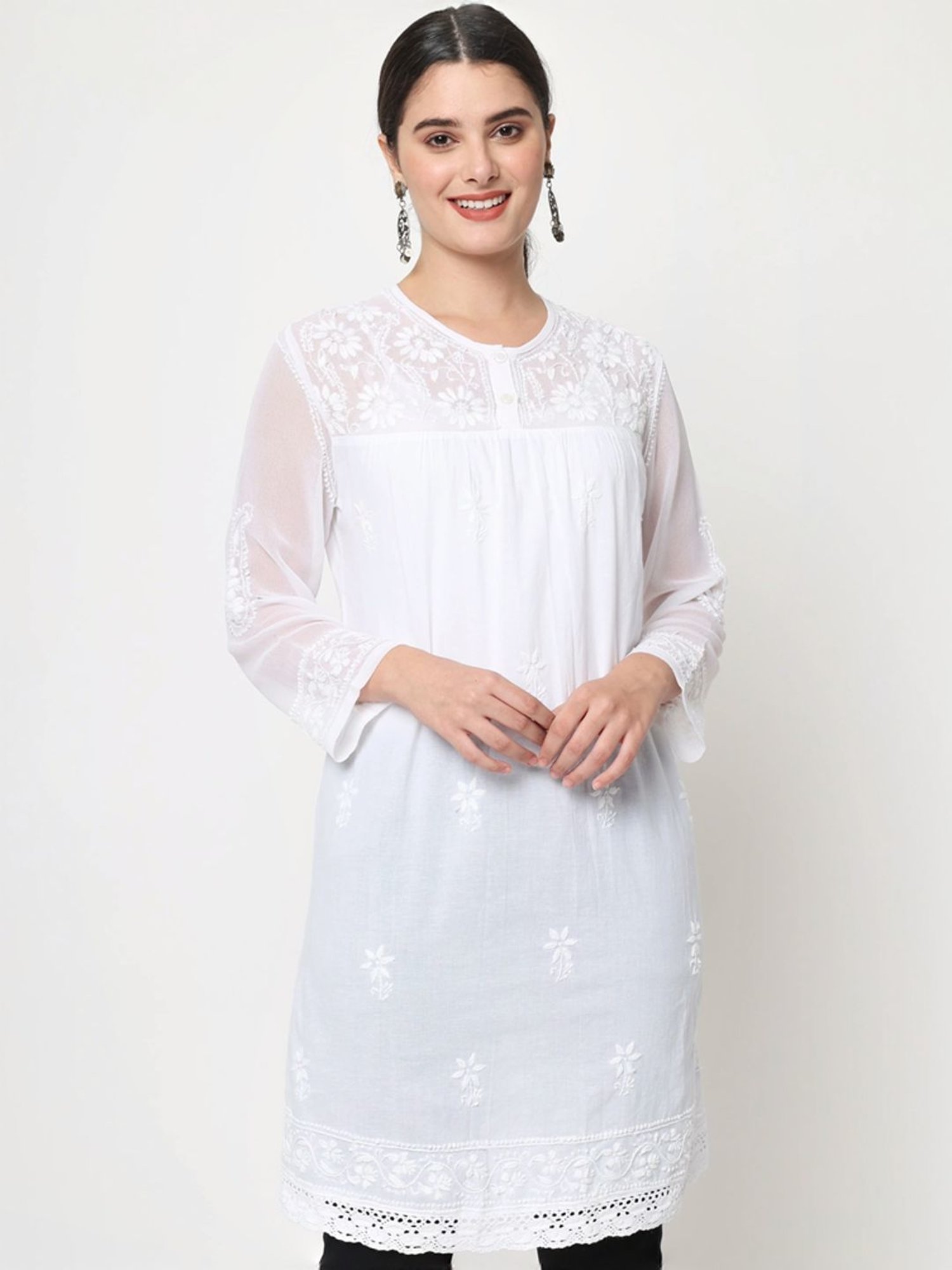 PARAMOUNT CHIKAN White Cotton Hand Embroidered Chikankari A Line Kurti