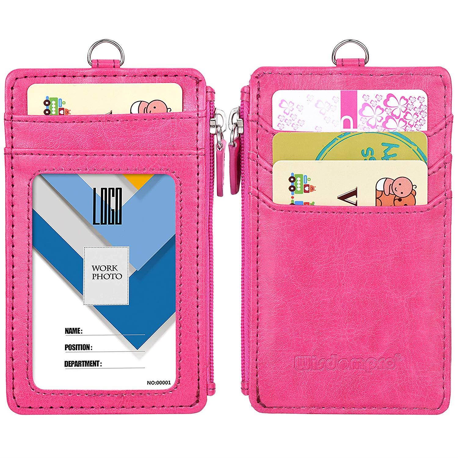 Badge Holder with Zip, Wisdompro Double Sided PU Leather ID Badge Card Holder Wallet Case with 5 Card Slots, 1 Side Zipper Pocket and 20" PU Neck Lanyard/Strap - Hot Pink (Vertical)