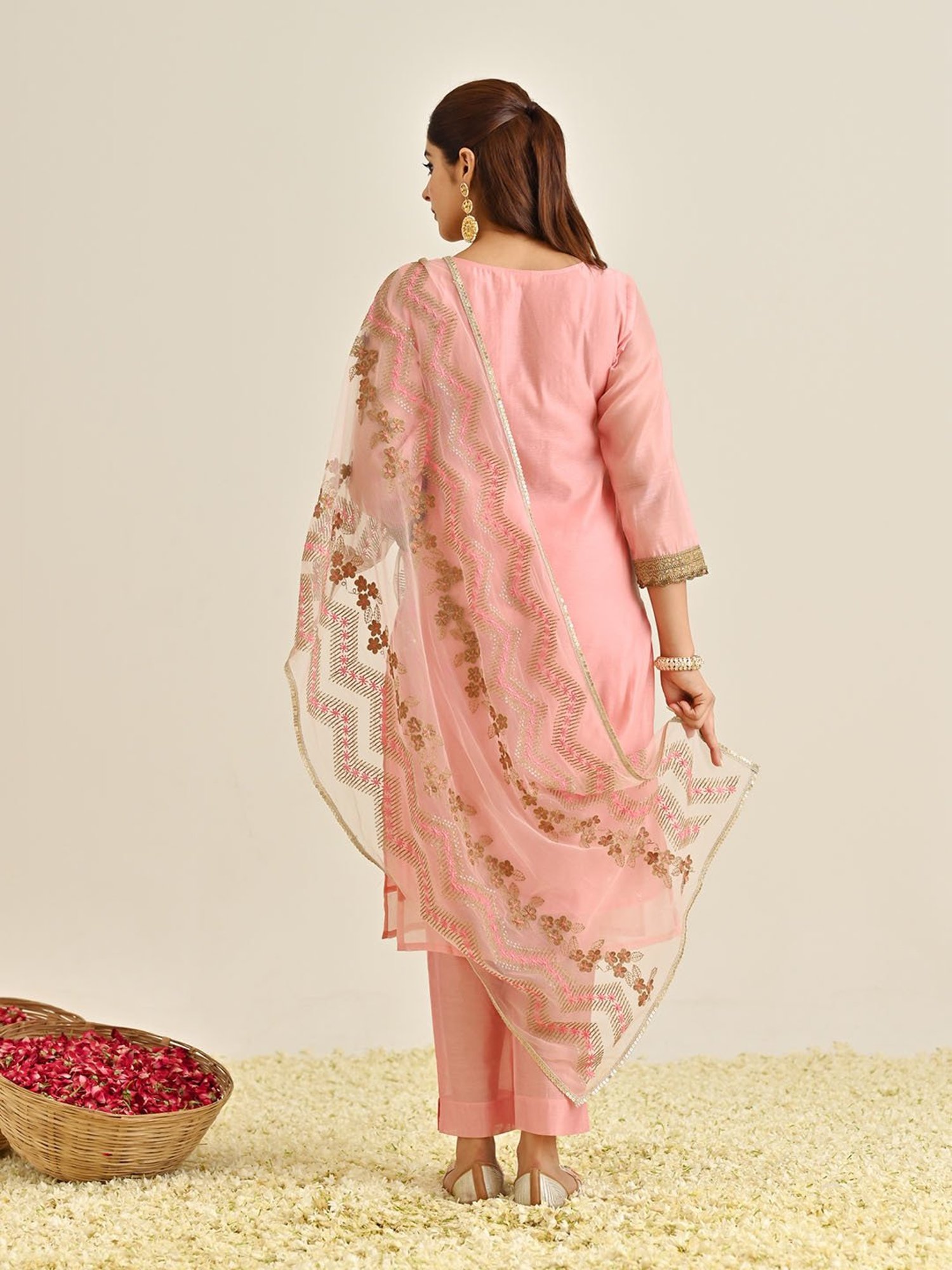 Rustorange Pink Embroidered Kurta With Pant & Dupatta