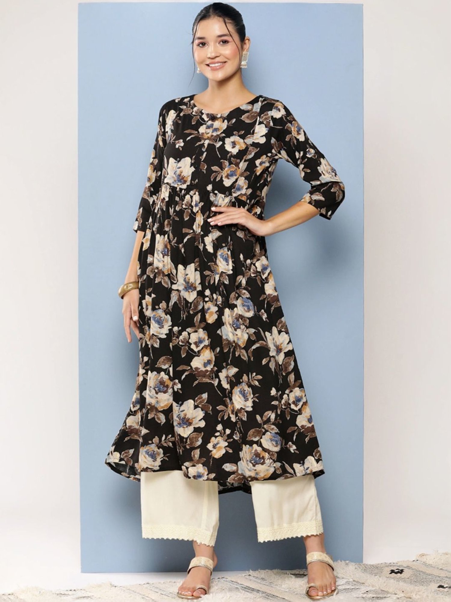Aarika Black Floral Print A Line Kurta