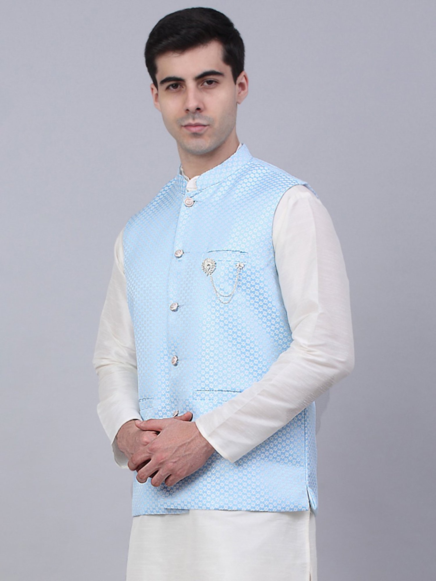 VASTRAMAY Teal Green Regular Fit Printed Nehru Jacket