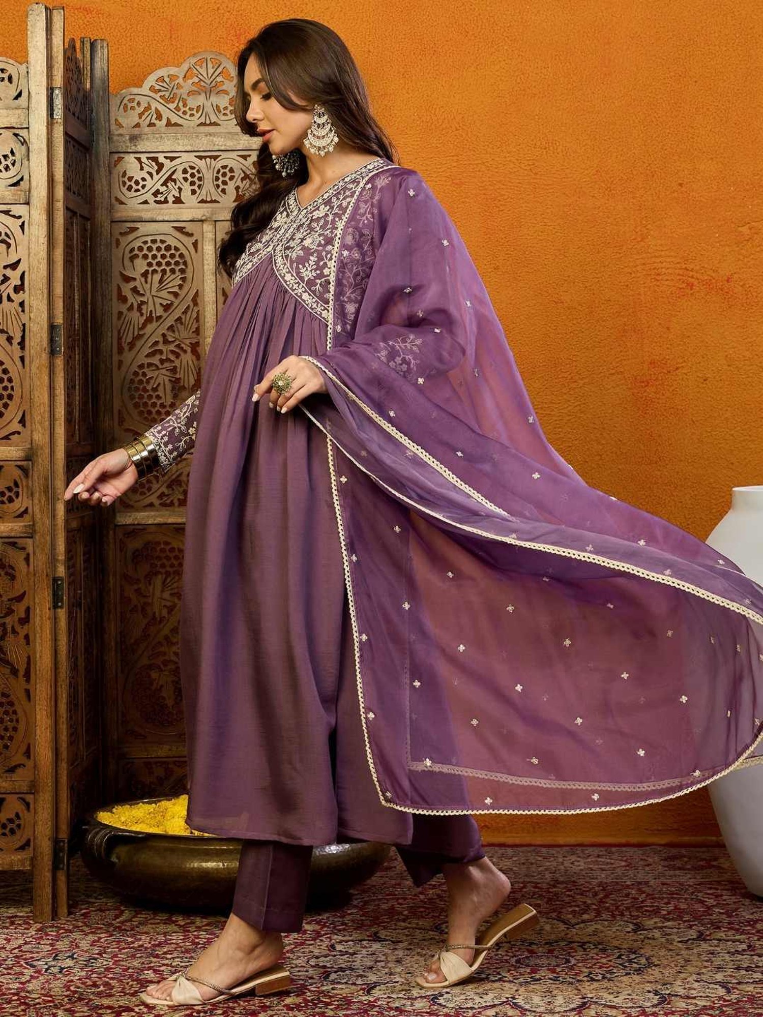 Vaamsi Purple Embroidered A-Line Dress With Dupatta