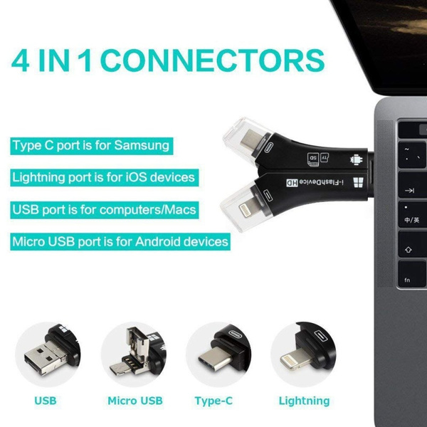 4 in 1 iPhone/Micro usb/USB Type-c/USB SD Card Reader for iPhone iPad Mac & Android, SD & Micro SD, PC