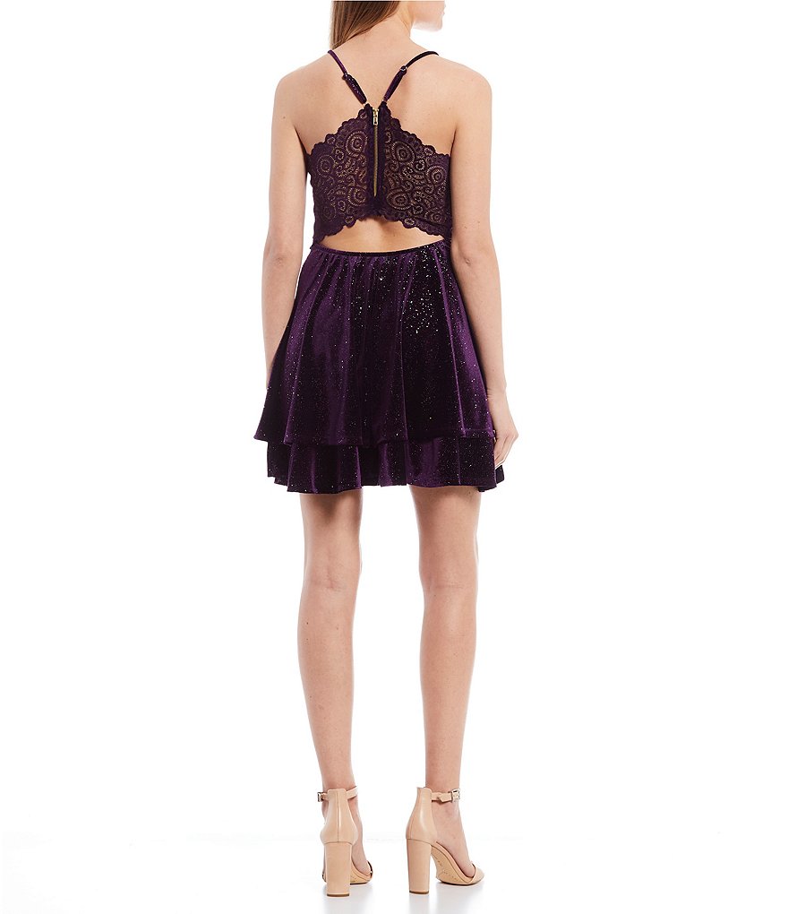 Honey and Rosie Glitter Velvet Plunge V-Neck Lace-Bra-Back Skater Dress