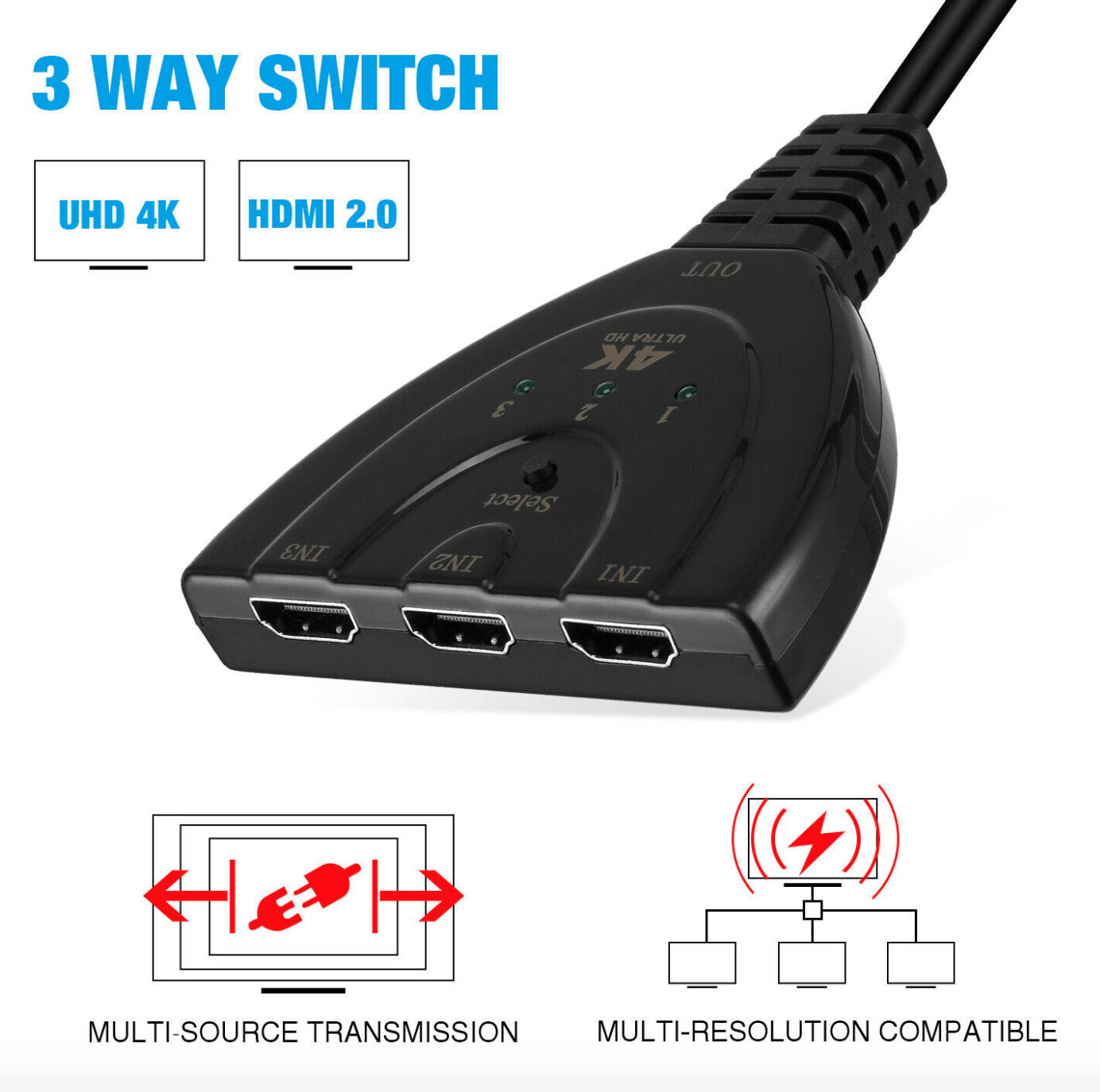 3 HDMI Port Switch Switcher Splitter HUB Box Cable For HDTV 1080P Xbox PS4