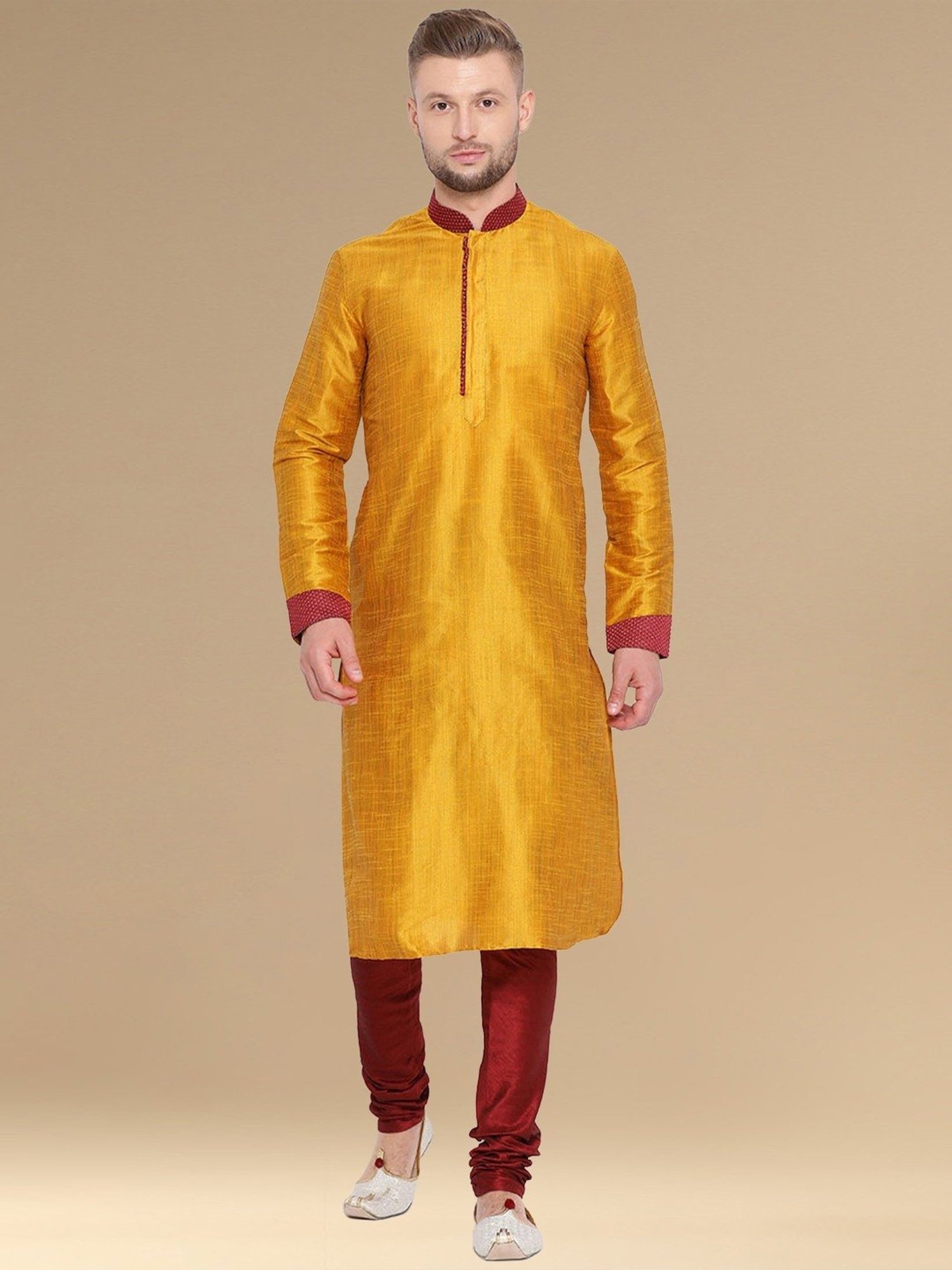Sanwara Yellow & Red Cotton Regular Fit Texture Kurta Bottom Set