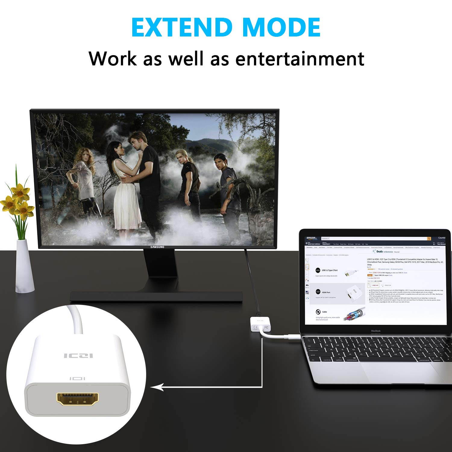 USB C to HDMI, ICZI Type C to HDMI (Thunderbolt 3 to HDMI) Adapter for MacBook Pro 2018, MacBook Pro/Chromebook Pixel, Dell XPS13/15, Huawei Mate 10, Samsung S8/S8 Plus and More, 4K, White