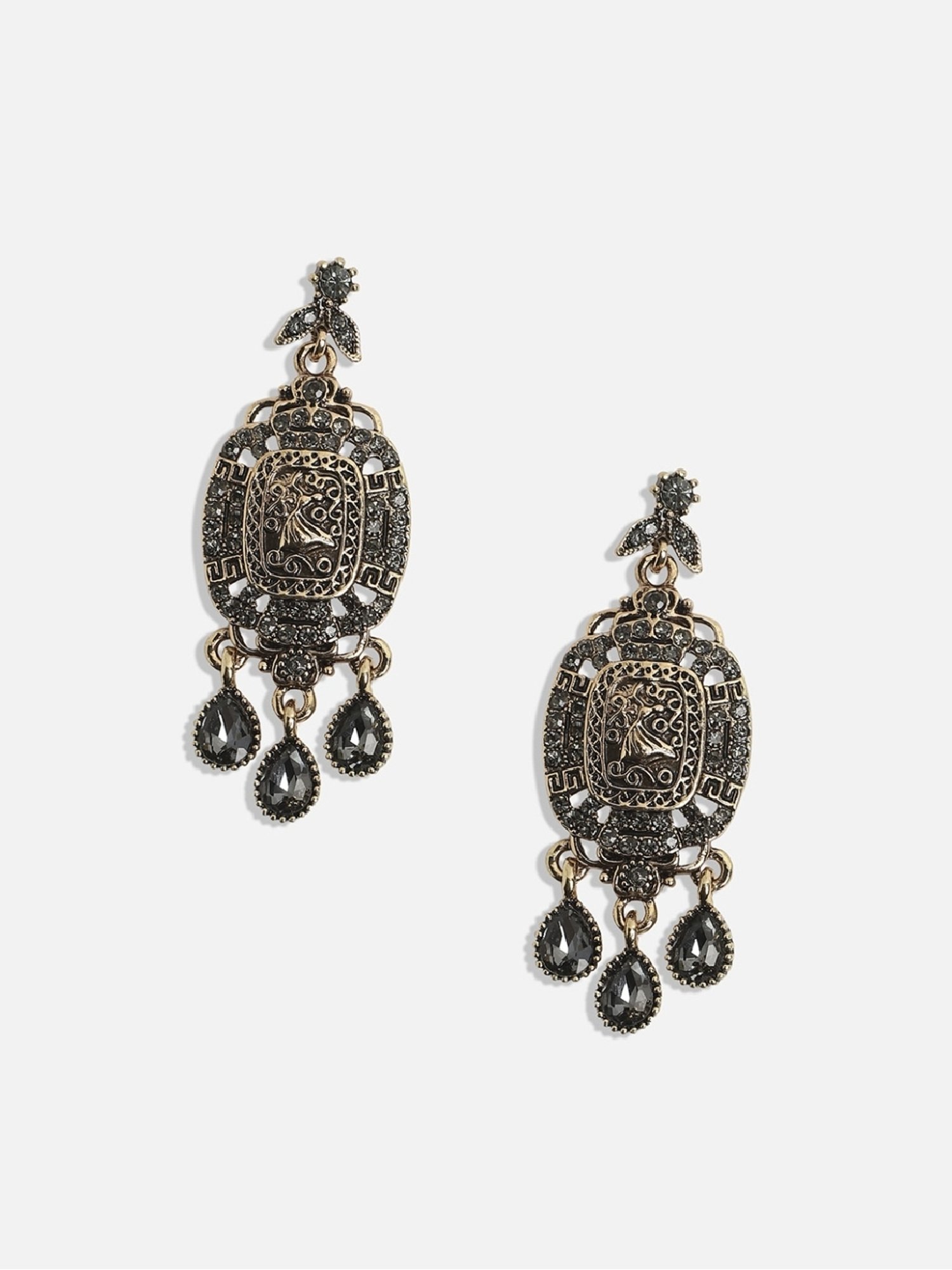 Sohi Women's Antique Intricate Crystal Drop Earrings  Gold