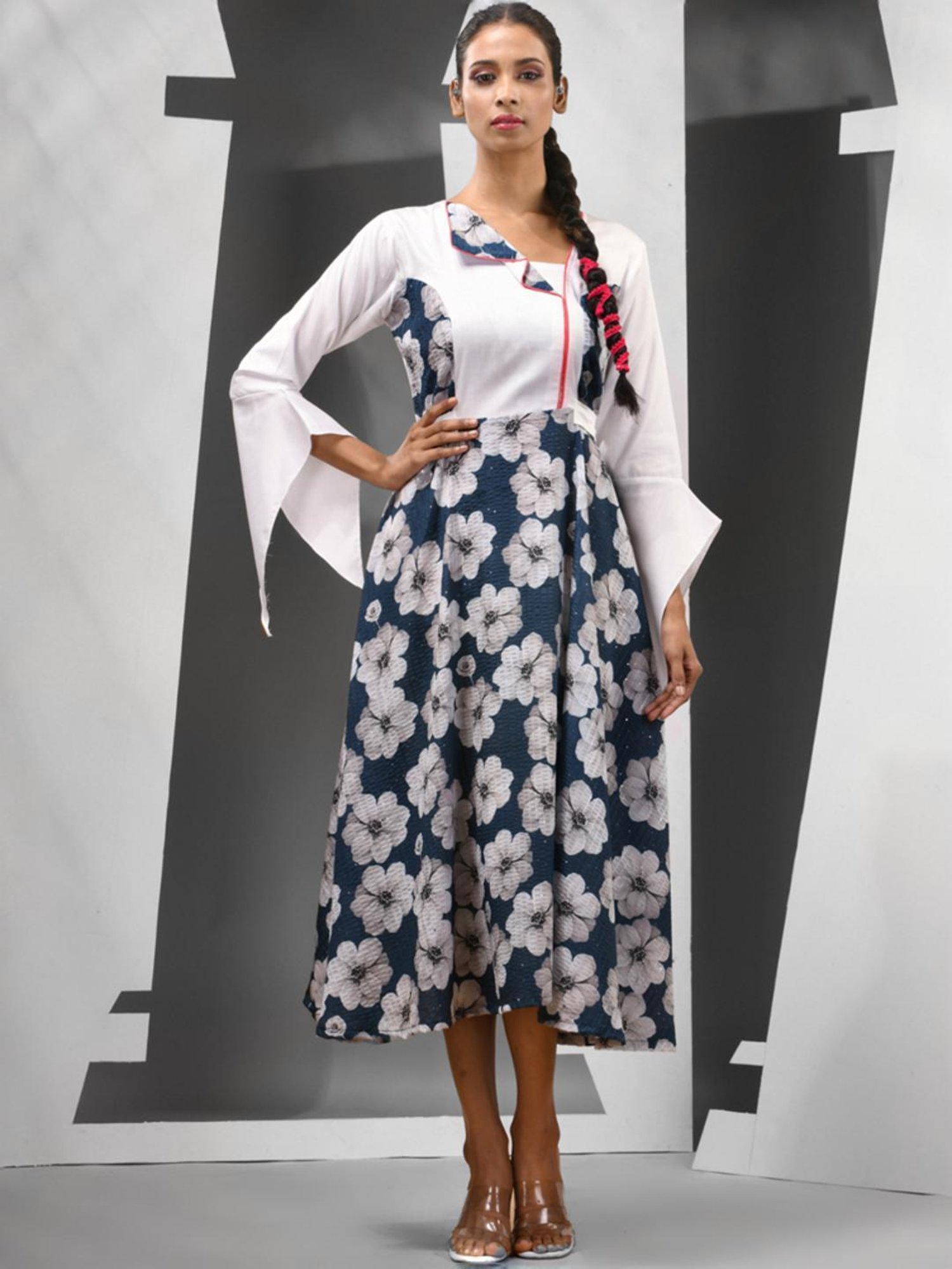 Charukriti Aegean Blue & White Floral Print A-Line Dress