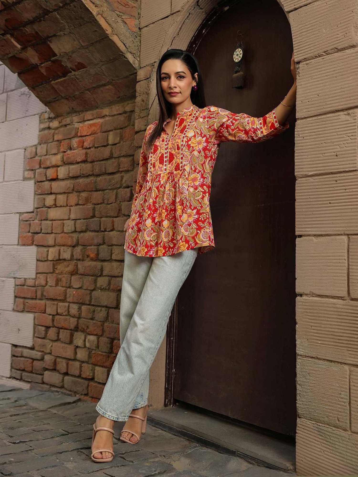 Rain and Rainbow Yellow & Red Cotton Embellished Top