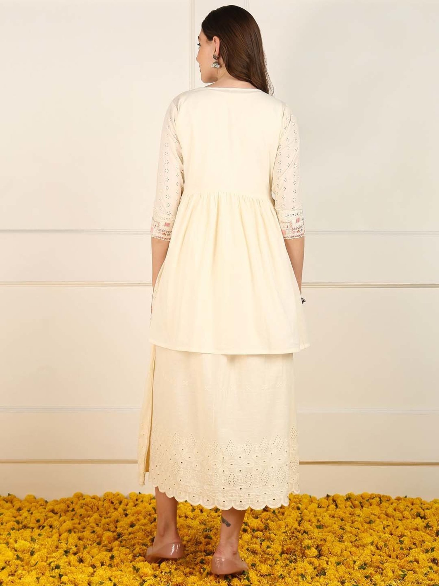 Vaamsi Beige Cotton Embellished Maxi Dress With Shrug