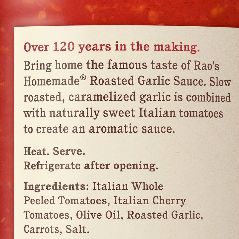 Rao's Homemade Roasted Garlic Tomato Sauce  Premium Quality All Natural Tomato Sauce & Pasta Sauce Keto Friendly & Carb Conscious - 24oz