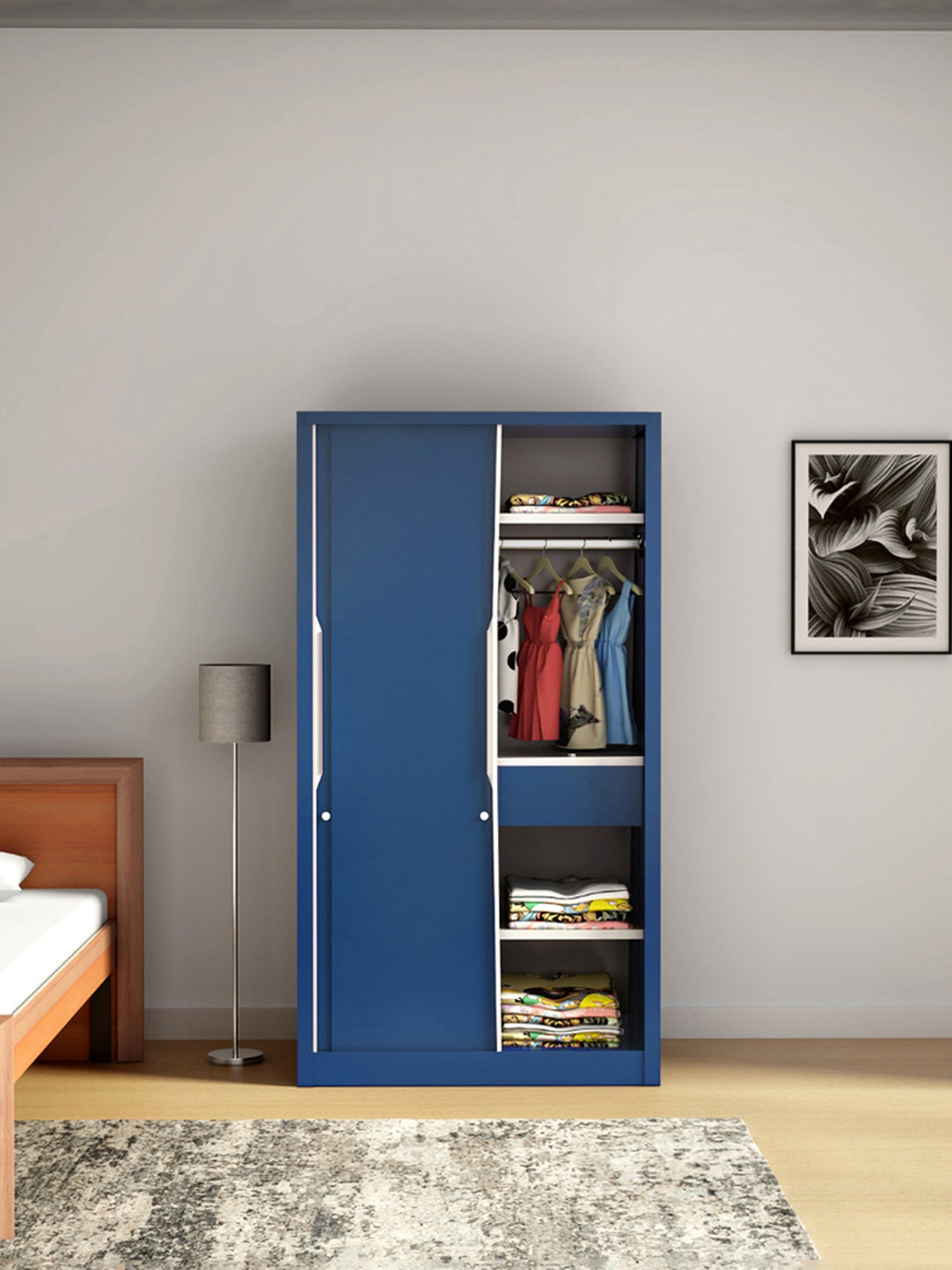 Godrej Interio Slide N Store Pro 2-Door Steel Wardrobe, Tex Phiroja Blue (1-Year Warranty, 1 Drawer)