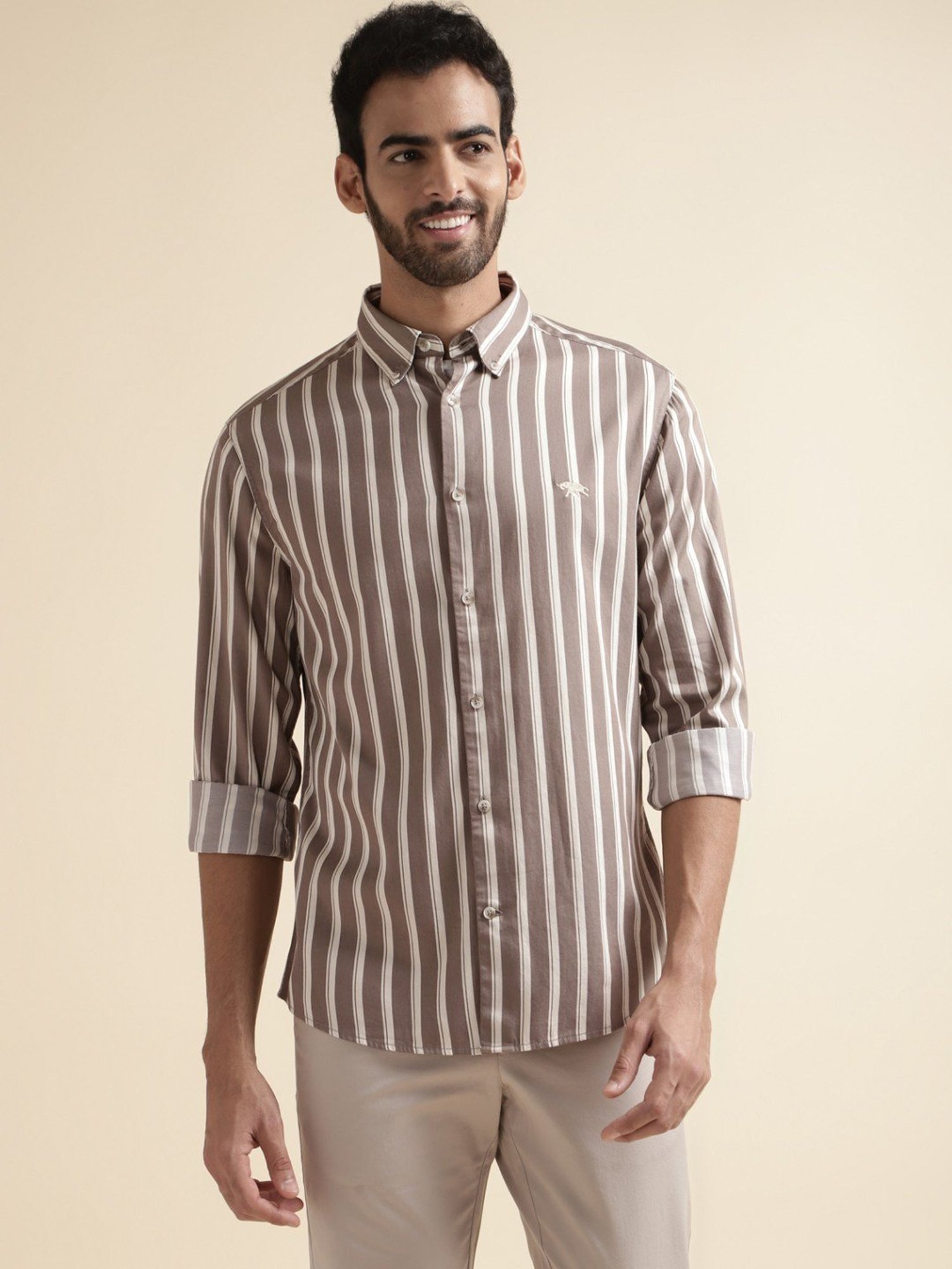 Andamen Brown Slim Fit Striped Shirt