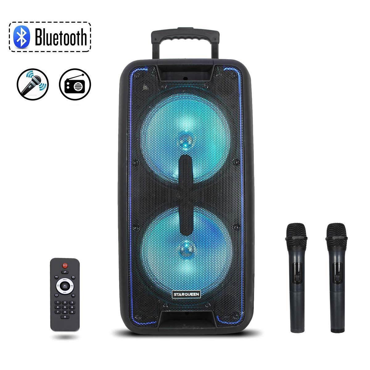 Starqueen Portable Bluetooth PA Speaker Dual 10Inch Woofer with Flashing Lights, Rechargeable Battery Powered Karaoke Loudspeaker Active DJ Party Speaker with 2 UHF Microphones, FM/MP3/USB/TF Card/AUX