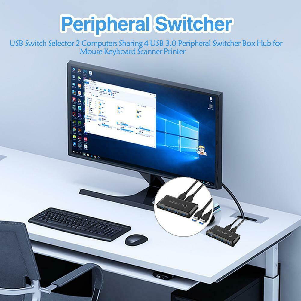 USB 3.0 Sharing Switch Selector 4 Port 2 Computers Peripheral Switcher Adapter Hub for PC, Printer, Scanner, Mouse, Keyboard and Compatible with Mac/Windows/Vista/Linux (One-Button Swapping)