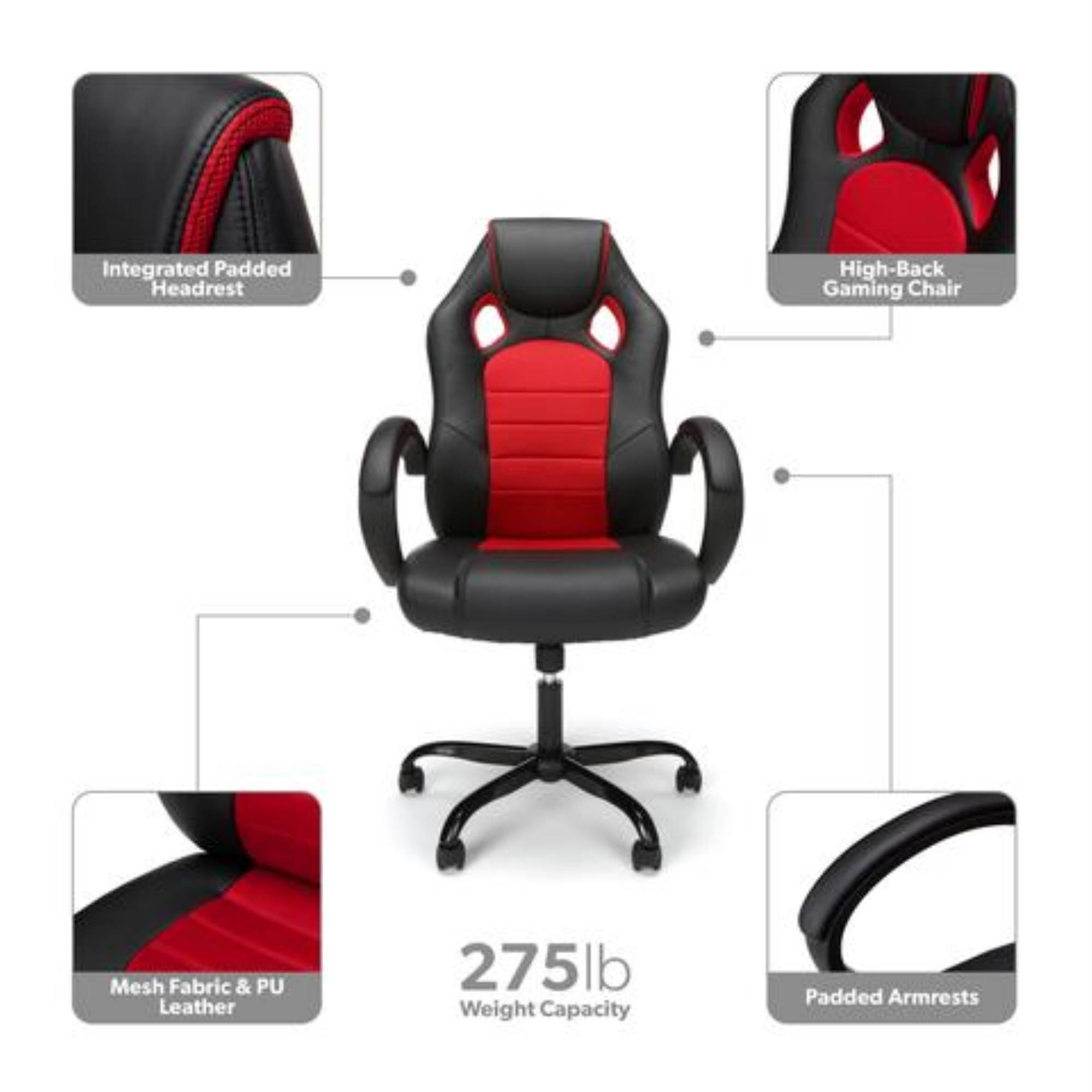 Essentials Collection High-Back Gaming Chair, Padded Loop Arms, in Red (ESS-3083HB-RED)
