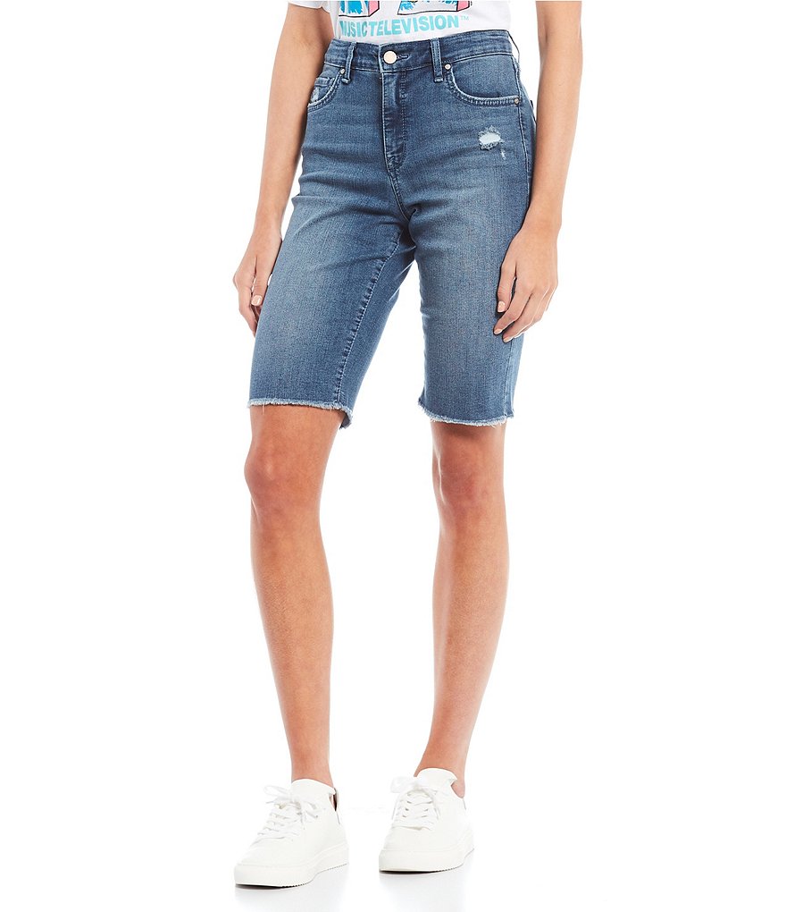 Frayed High Rise Frayed Hem Denim Bike Shorts