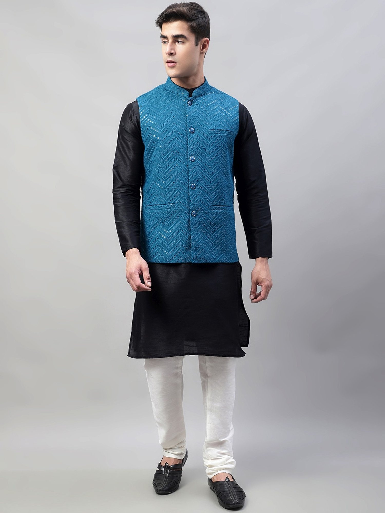 Jompers Peacock Blue Regular Fit Embroidered Nehru Jacket