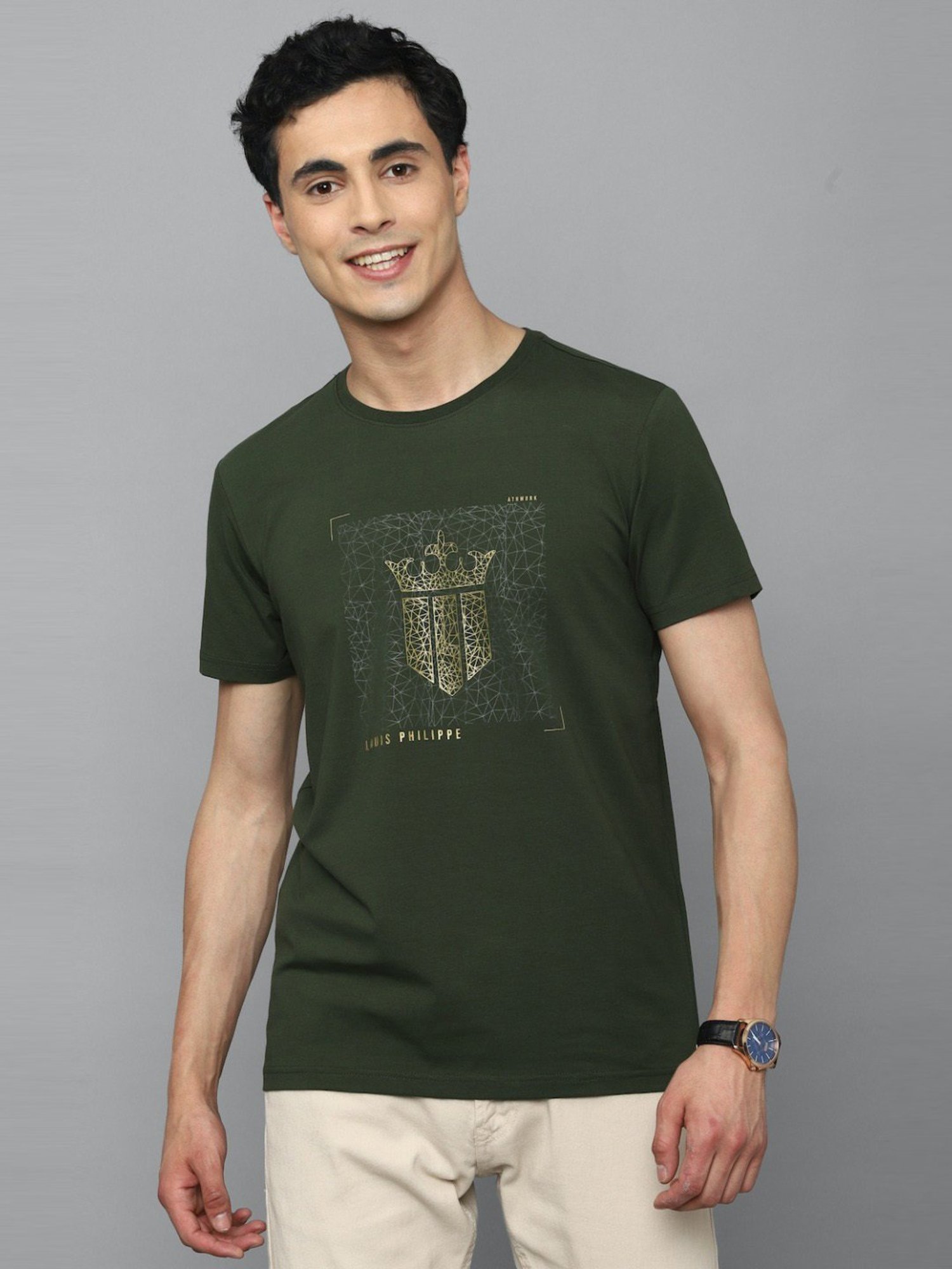Louis Philippe Sport Green Cotton Slim Fit Printed T-Shirt