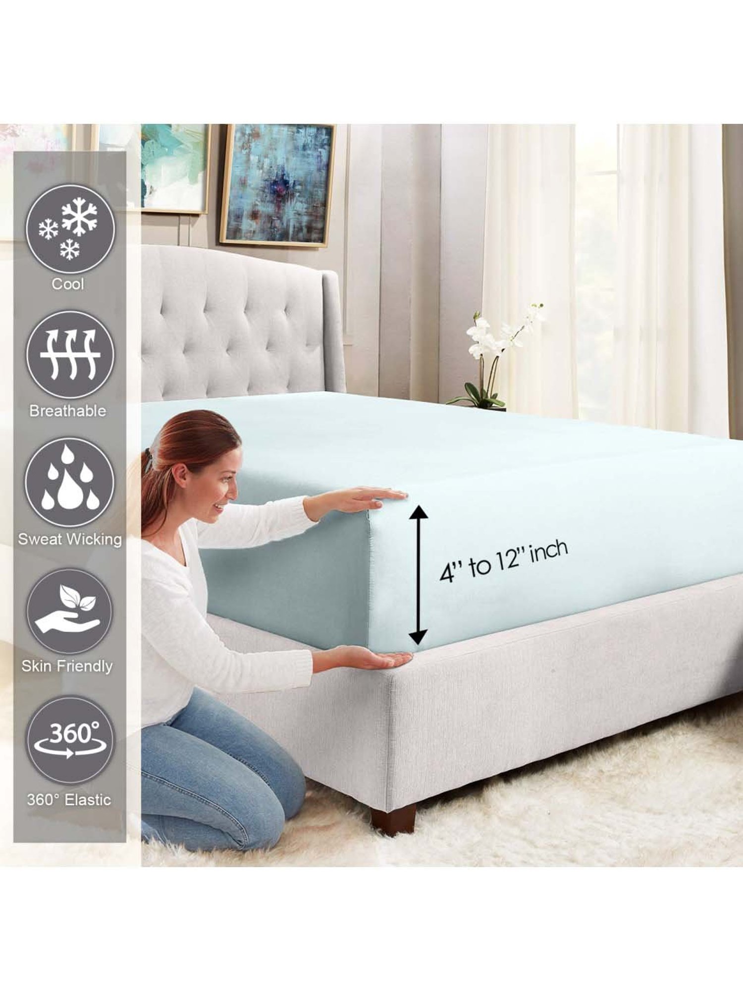 Pizuna 400TC 100% Cotton Light Blue Fitted Bed Sheet Single Size With 1 Pillow Cover