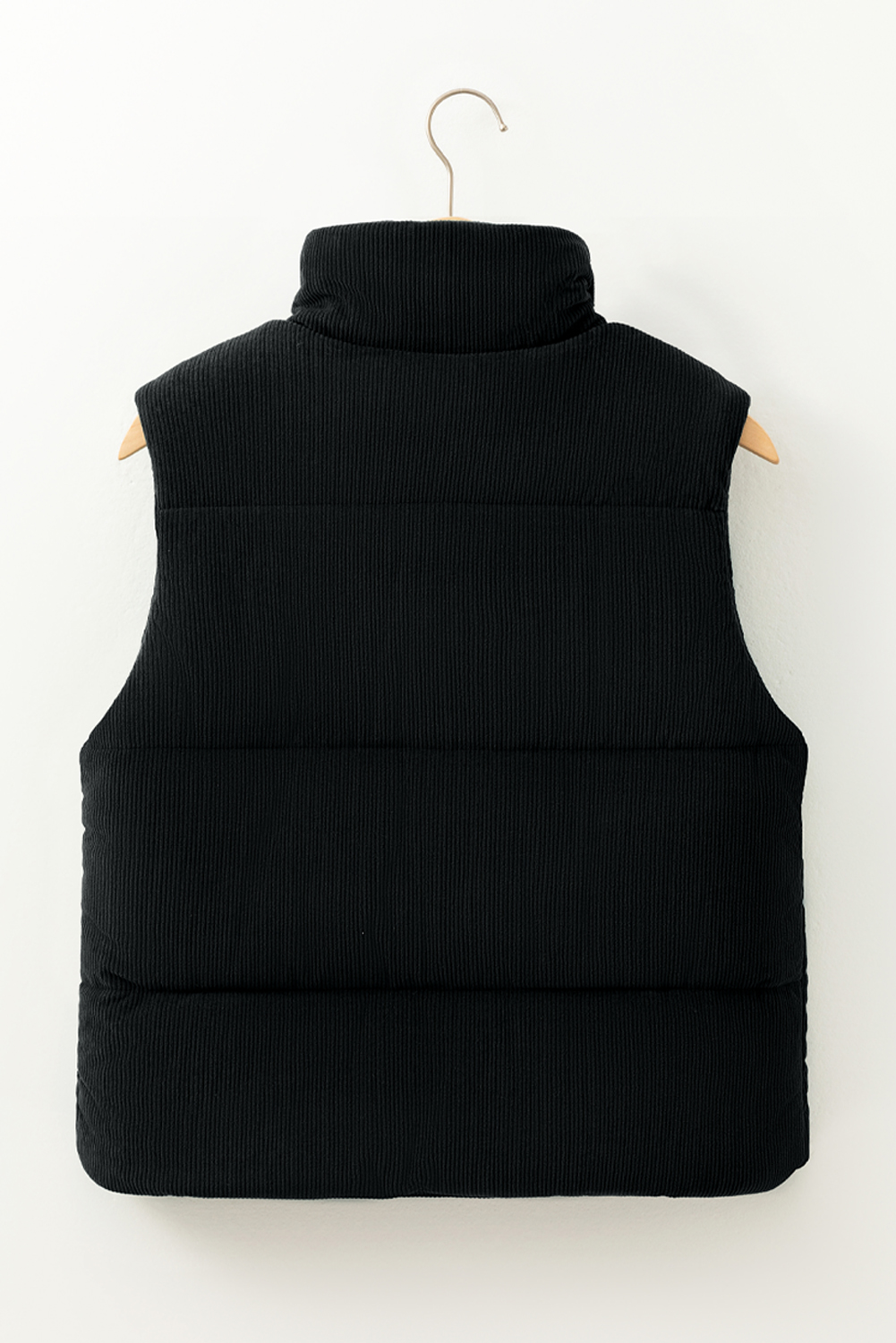 Black Solid Color Corduroy Puffer Vest Coat