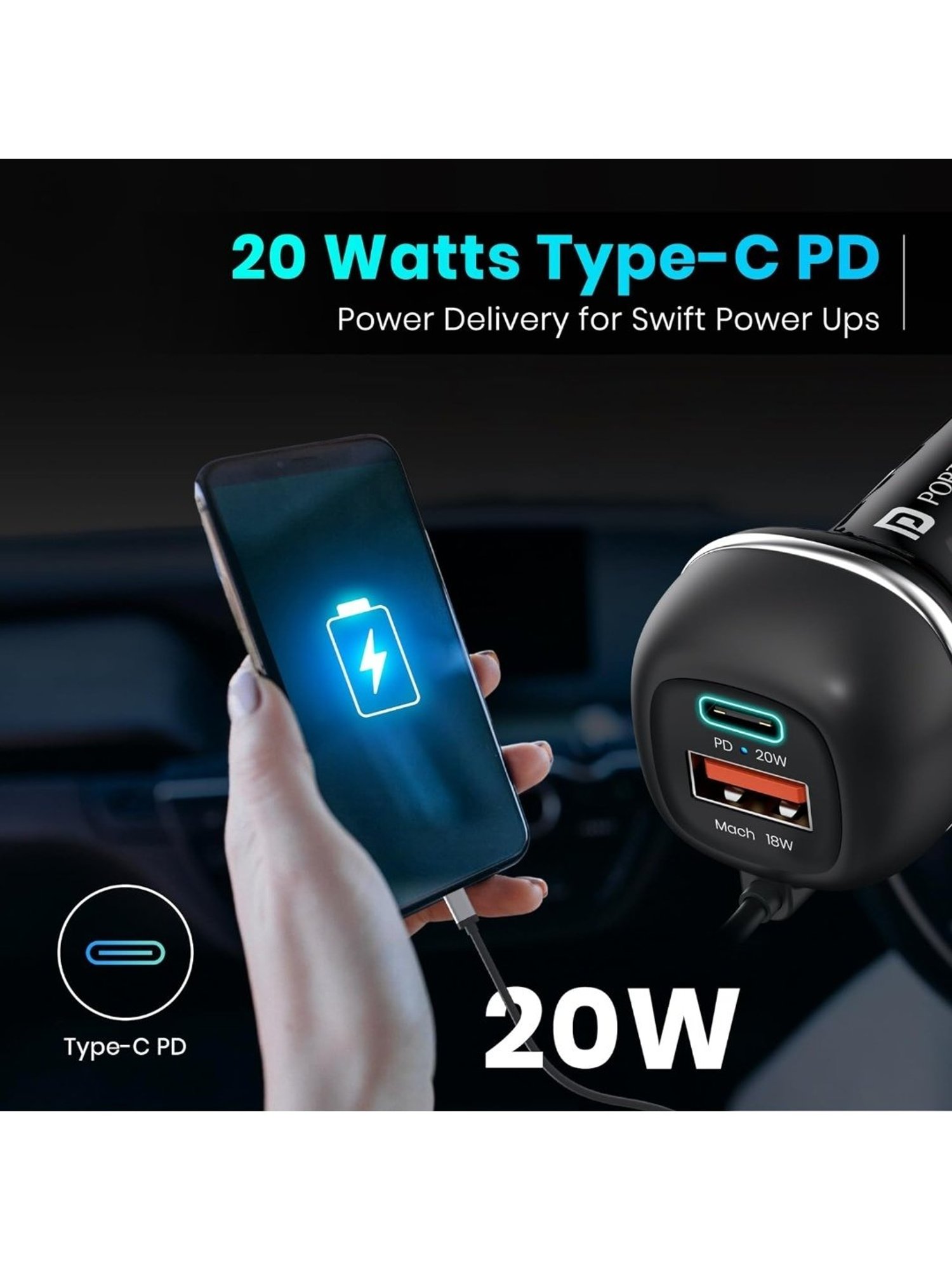 Portronics 71W Car Power 1C Triple Output Fast Car Charger with 33W Type C Cable (Black)