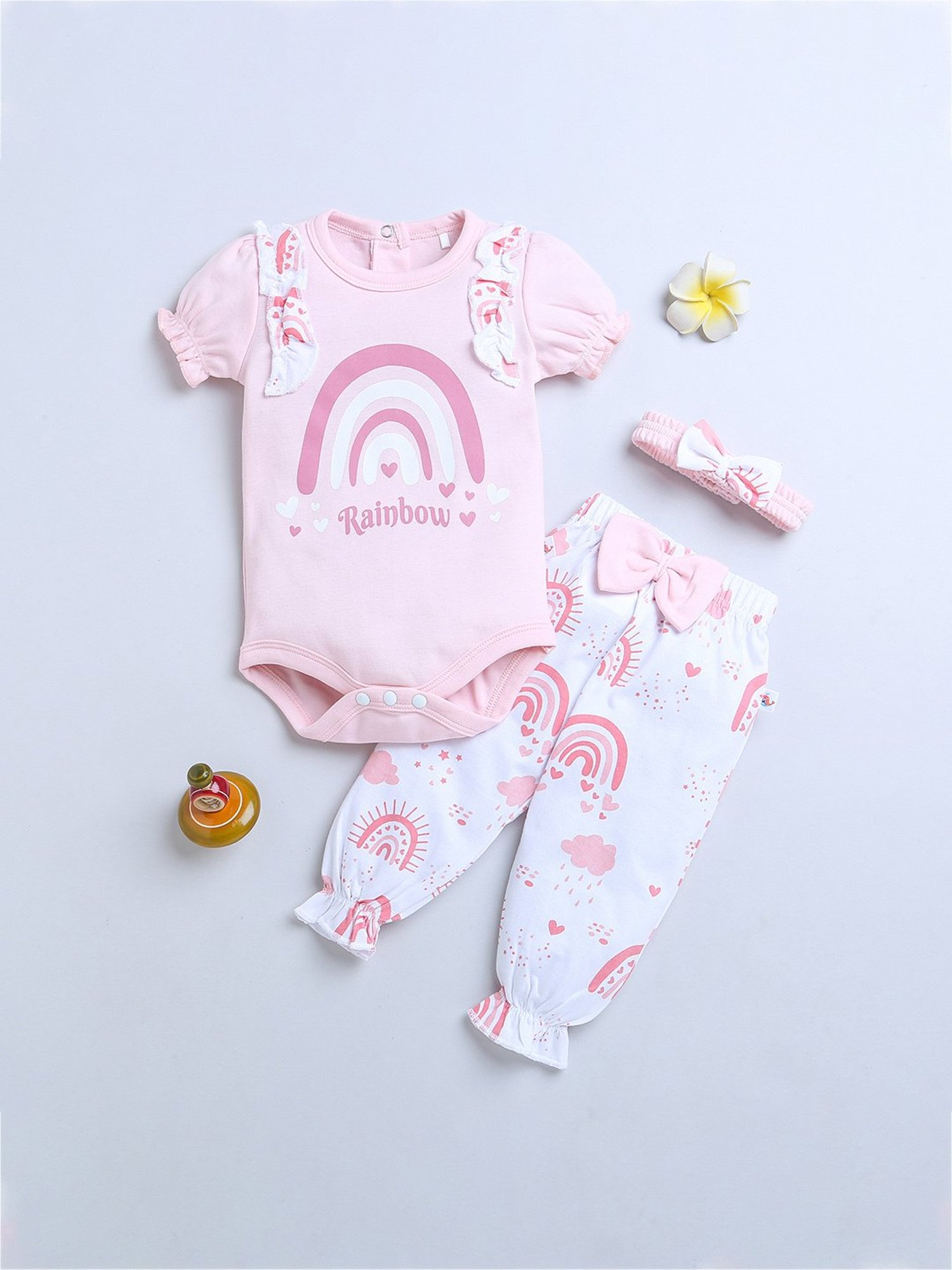 Bumzee Kids Pink & White Printed Bodysuit, Joggers with Headband