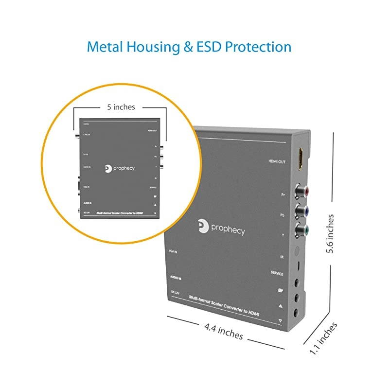 Prophecy Multi Video Format to HDMI Scaler Converter &ndash; HDMI / Mini DP / VGA / CVBS (Composite) / YPbPr (Component), Upscale HDMI Output Up to 4K @30Hz, Frame Rate Conversion, VESA Resolutions