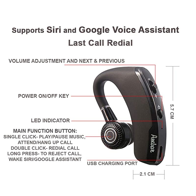 Bluetooth Earpiece for Cell Phone with Dedicated Keys for Volume/Next/Prev, On/Off, Compatible with iPhone, Android