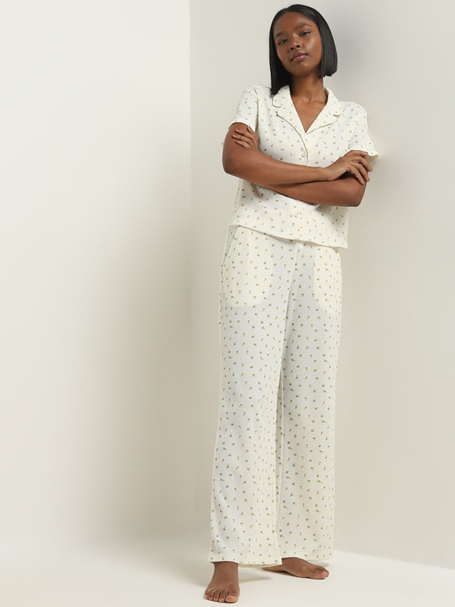 Superstar by Westside Ivory Floral Waffle-Textured Mid-Rise Pants