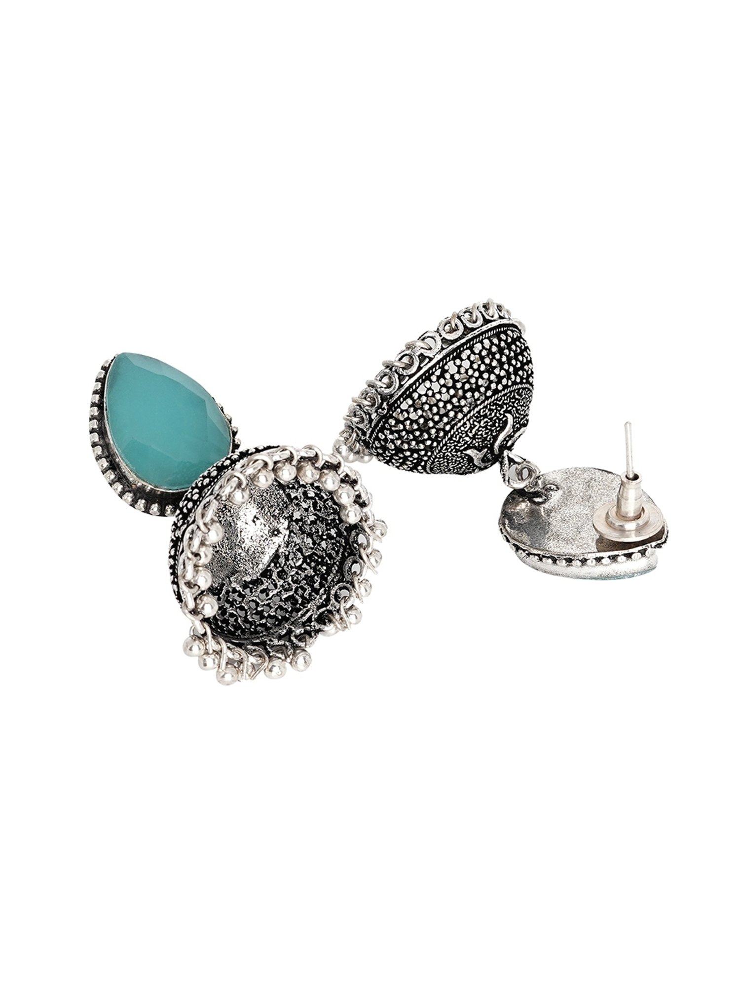 Teejh Ethnic Shanya Light Blue Stone Silver Oxidized Jhumki Earrings