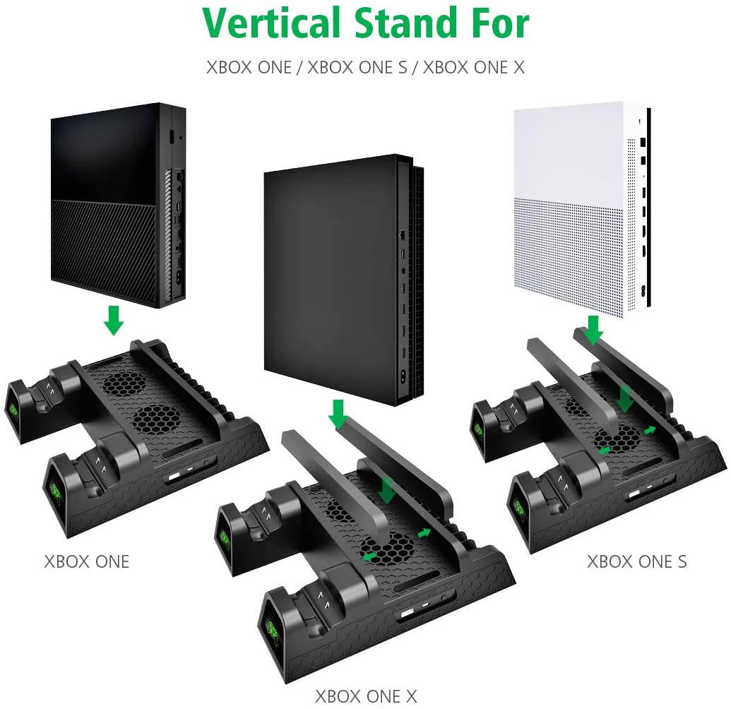Vertical Cooling Stand Compatible with Xbox ONE X/ONE S/Regular ONE, Cooler Cooling Fan with 2PACK 600mAh Batteries,Games Storage, Dual Controller Charging Docking Station for Xbox ONE/S/X
