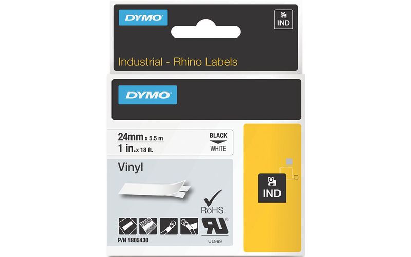 Dymo Black on White Color Coded Label - Permanent Adhesive - 1" Width x 18 3/64 ft Length - Thermal Transfer - White - Vinyl
