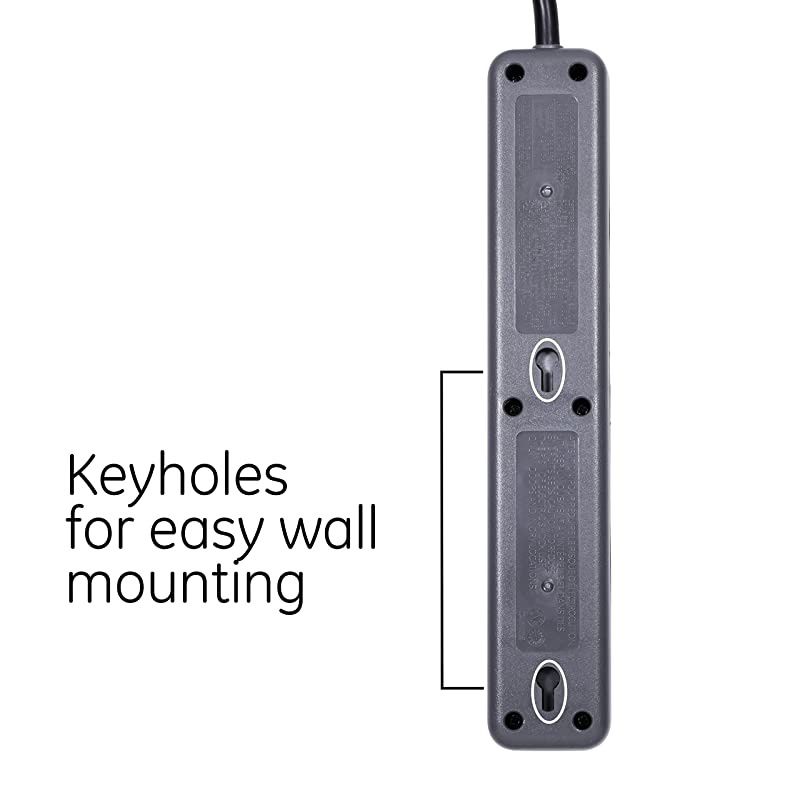Power Strip Sur Protector, 6 Outlets, Flat Plug, Extra Long Power Cord, 8ft, Wall Mount, Black, 37052