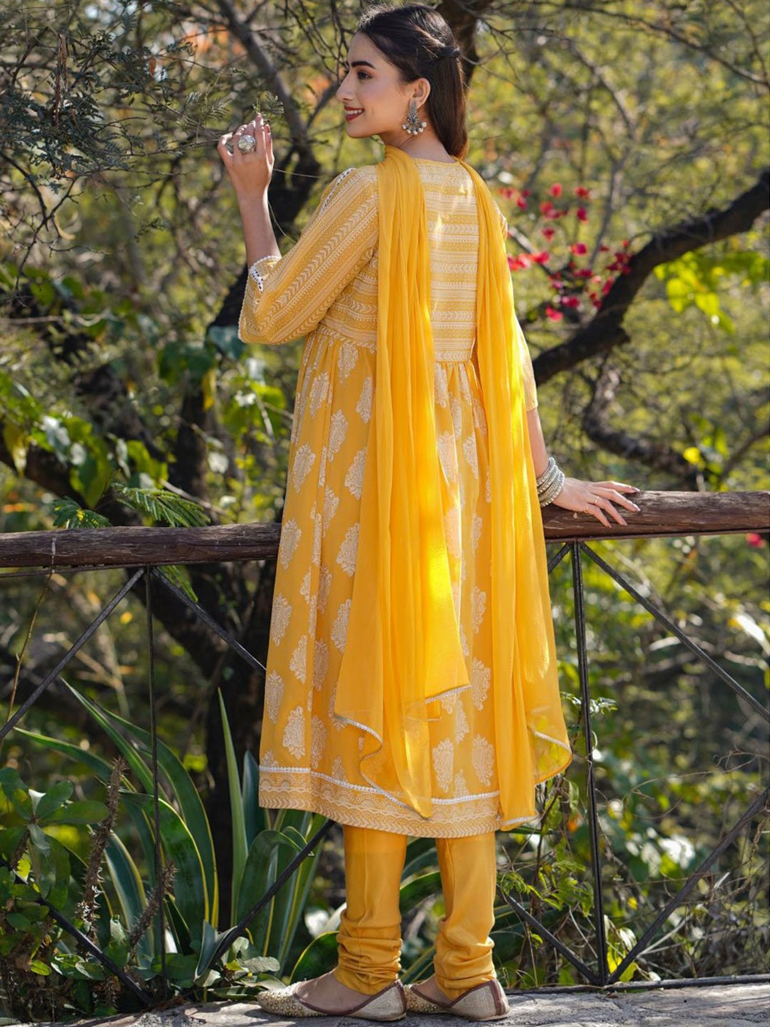 Juniper Yellow Ethnic Motif Printed Georgette Kurta Churidar & Chiffon Dupatta Set With Lace Work