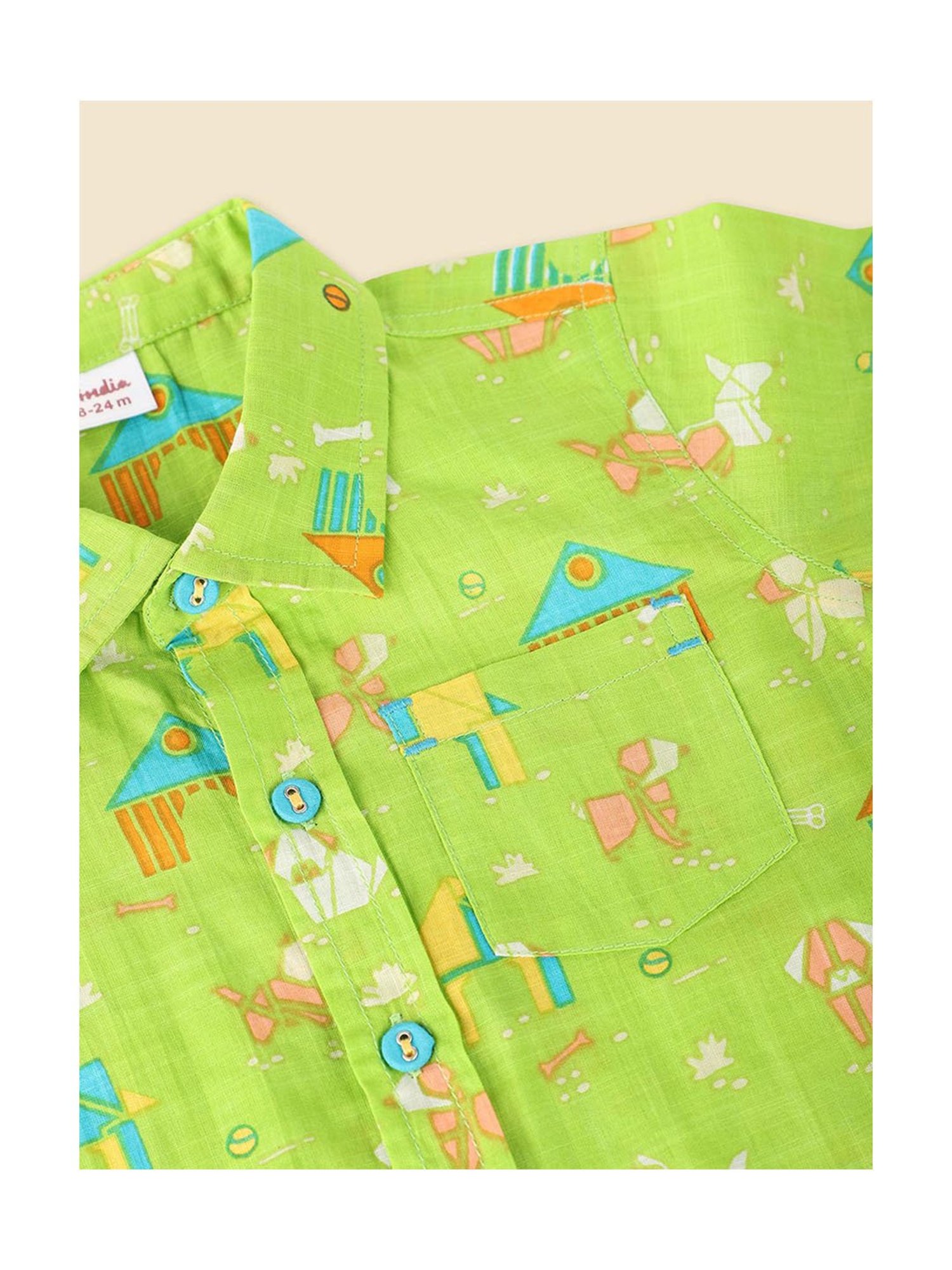 Fabindia Kids Green Printed Shirt