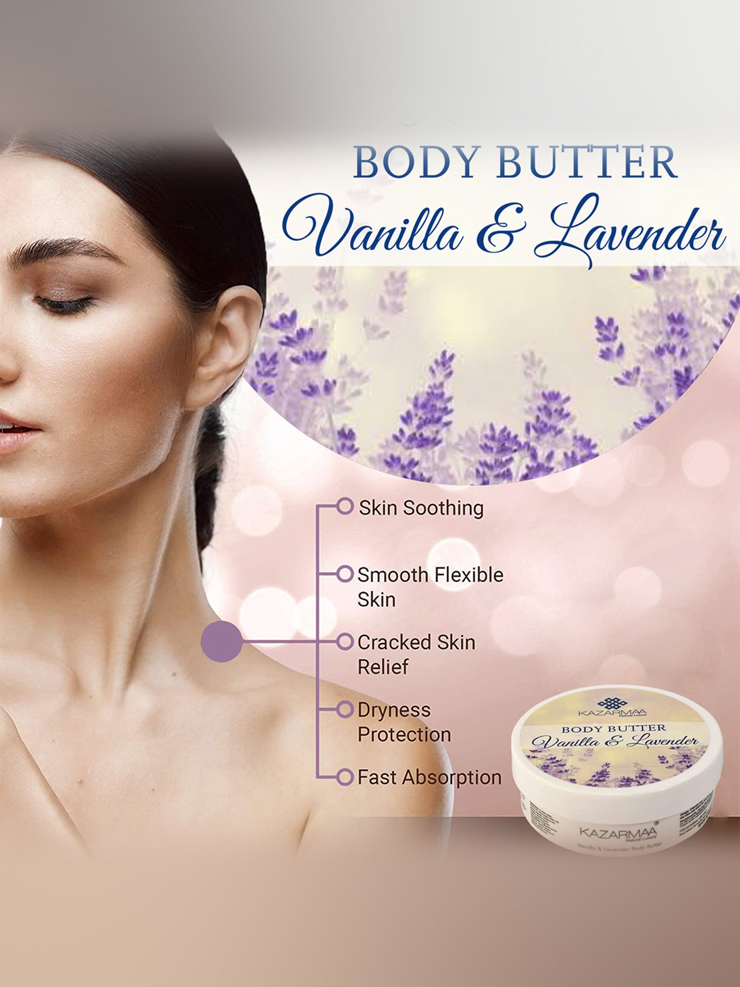 Kazarmaa Vanilla & Lavender Body Butter with Wooden Spoon - 200 gm