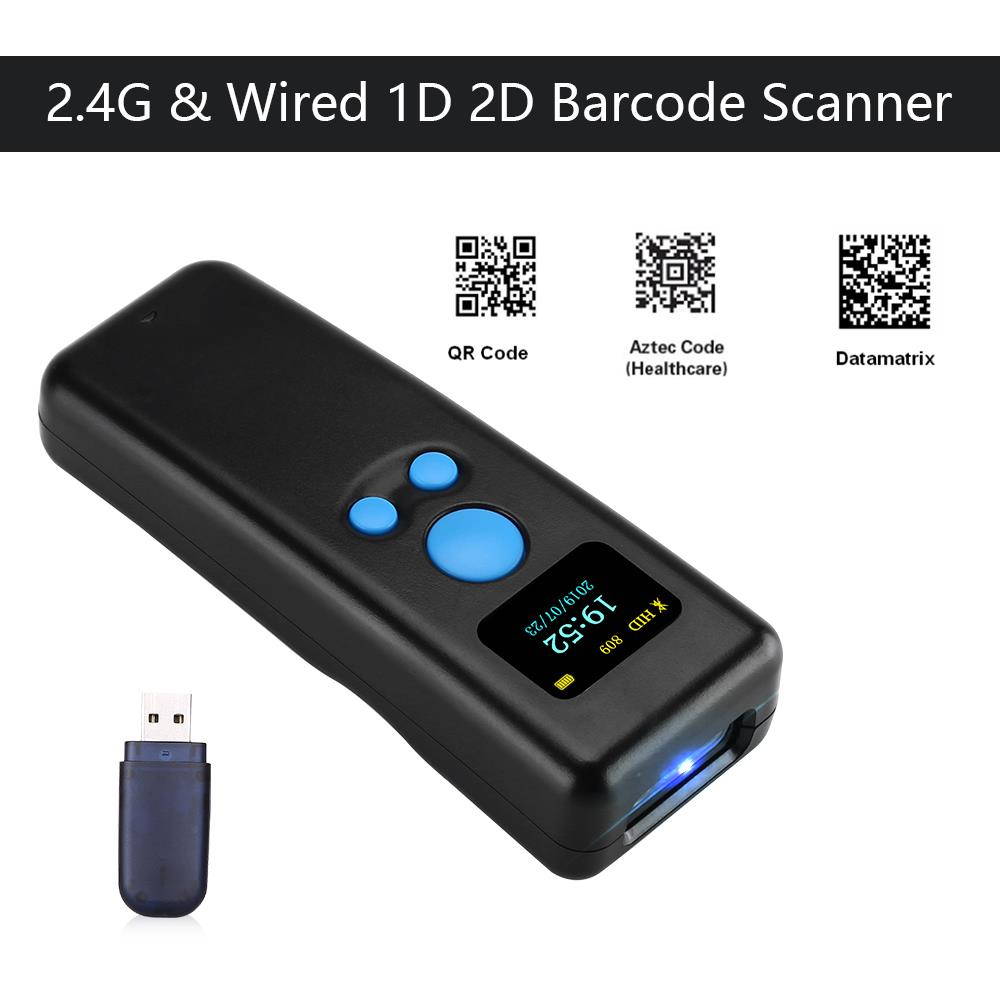 1D 2D QR 2.4G Bluetooth Pocket mini Scanner Warehouse Retail Logistics Barcode Scanner Wireless Reader with Screen