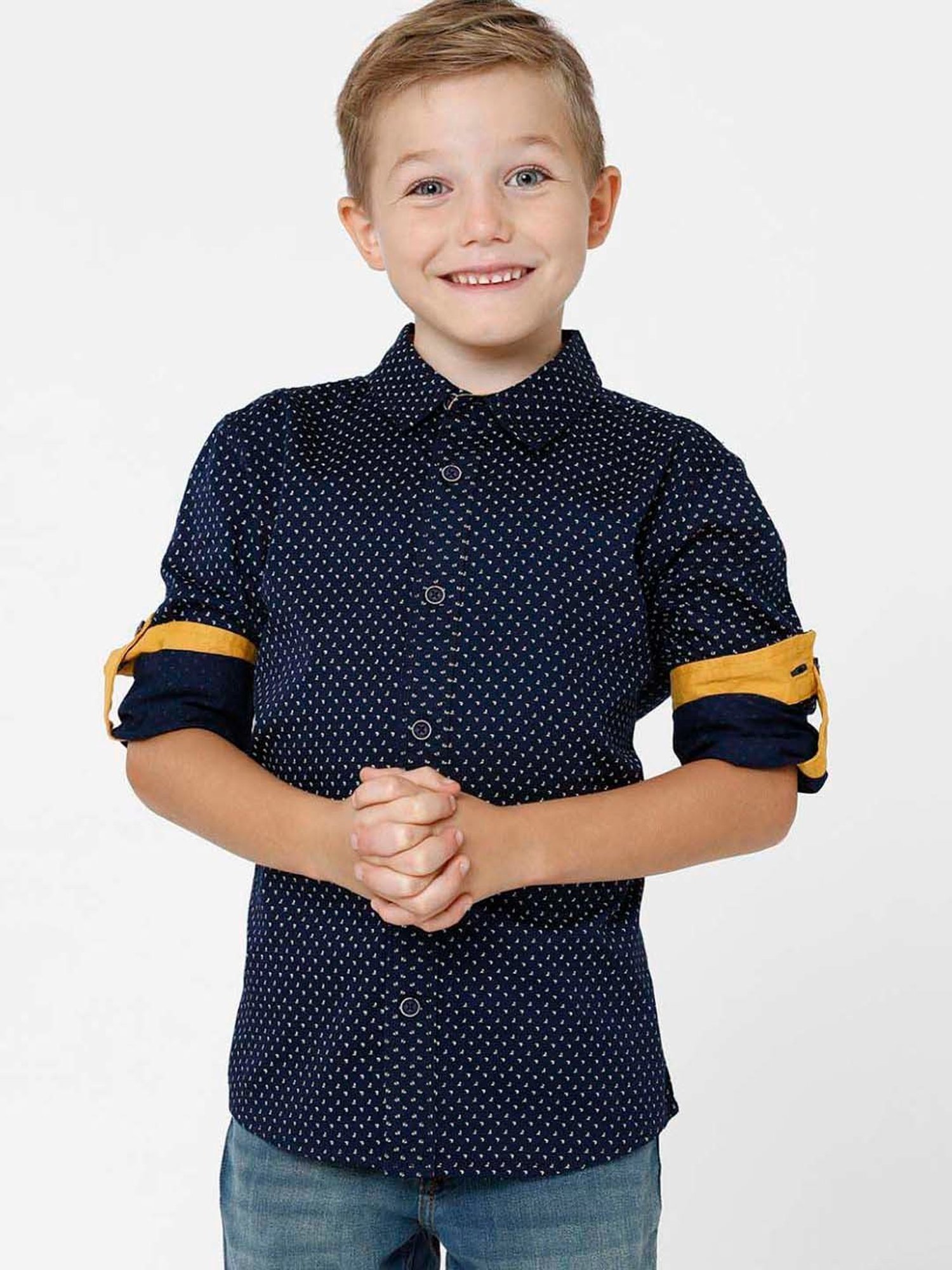 Kate & Oscar Kids Navy Cotton Printed Full Sleeves Shirt