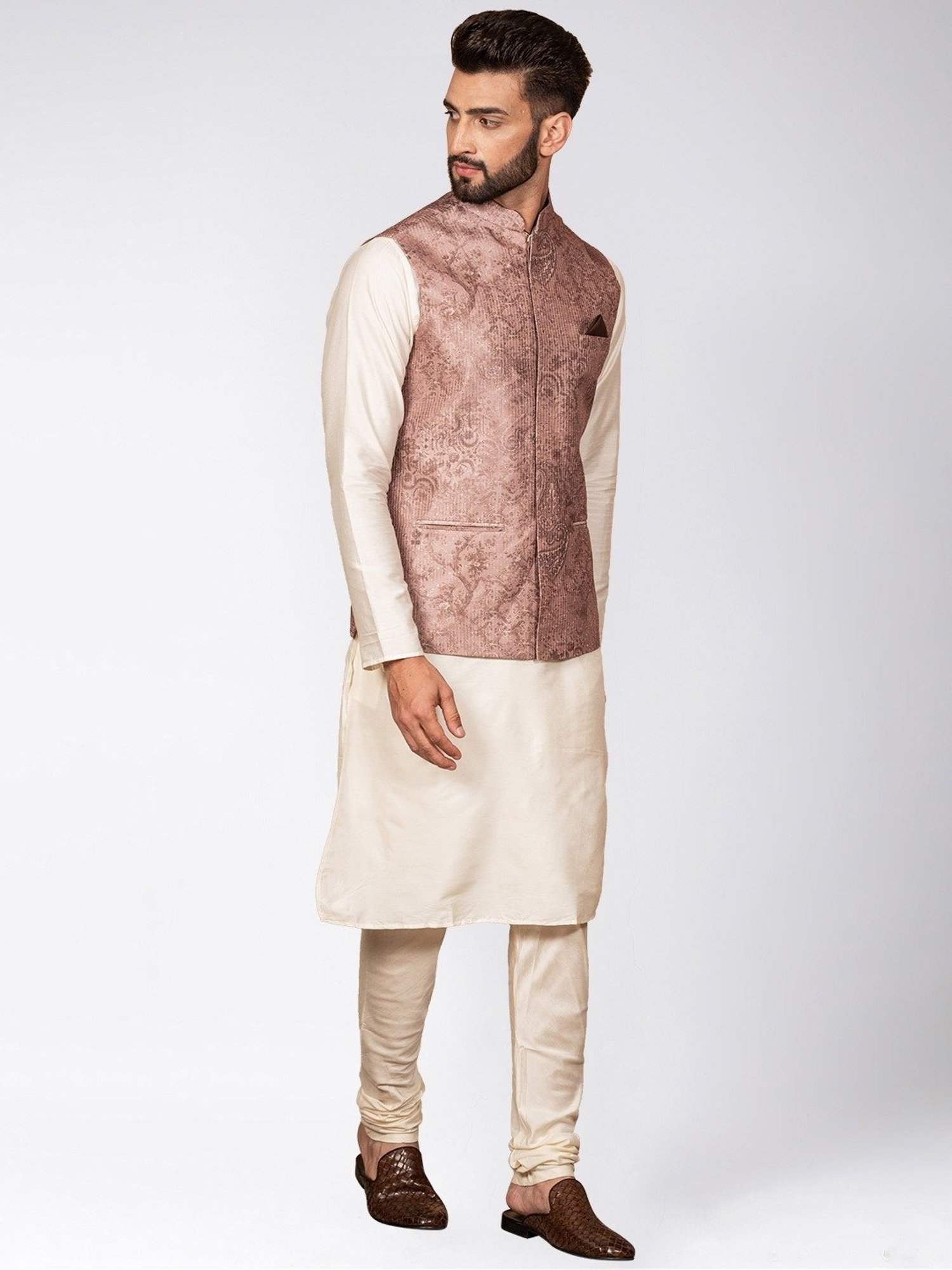 KISAH Brown & White Regular Fit Printed Kurta Set with Jacket