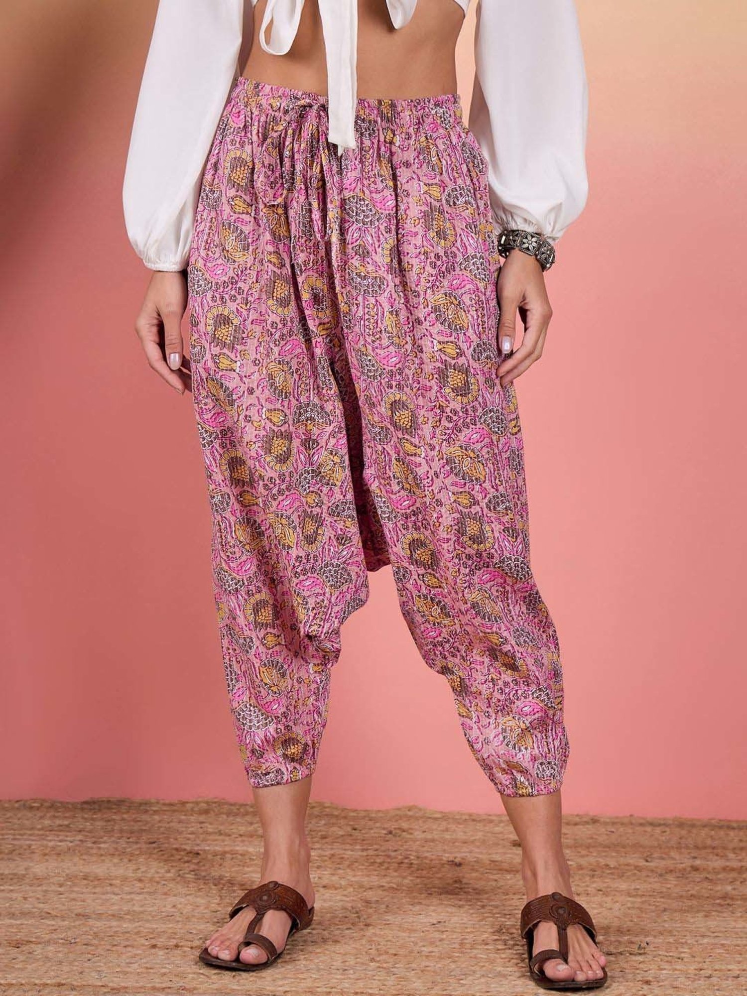 Inweave Pink Cotton Floral Print Dhoti Pants