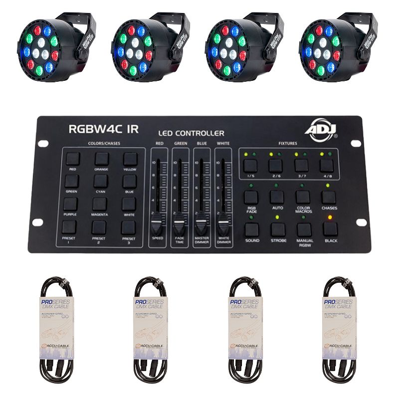 ADJ Eliminator 1W LED Hanging Light Fixture (4 Pack) & ADJ Lighting Controller & ADJ Pro Series 10Ft 3-Pin Male to Female DMX Cable for DJs (4 Pack)