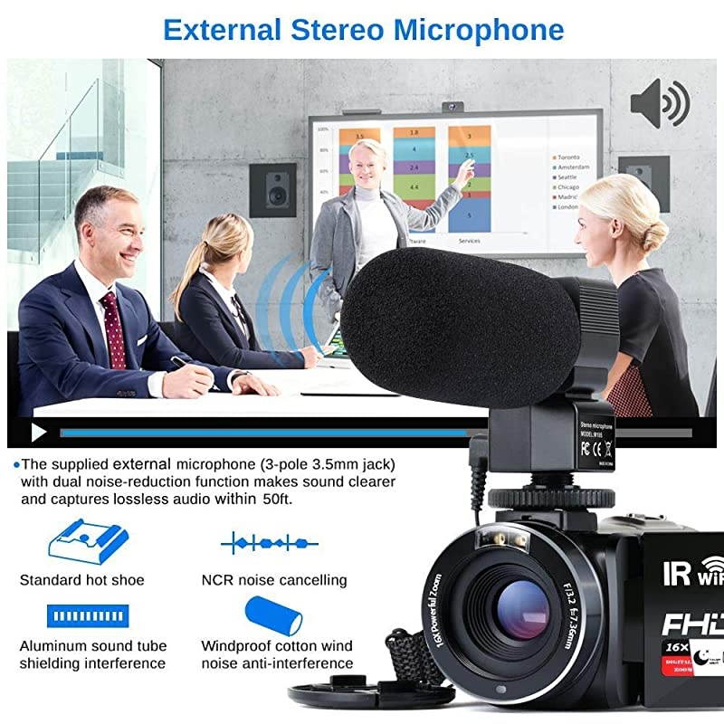 Camera Camcorder WiFi IR Night Vision FHD 1080P 30FPS 26MP YouTube Vlogging Camera Recorder 3" Touch Screen 16X Digital Zoom Digital Camera with Microphone Remote Control