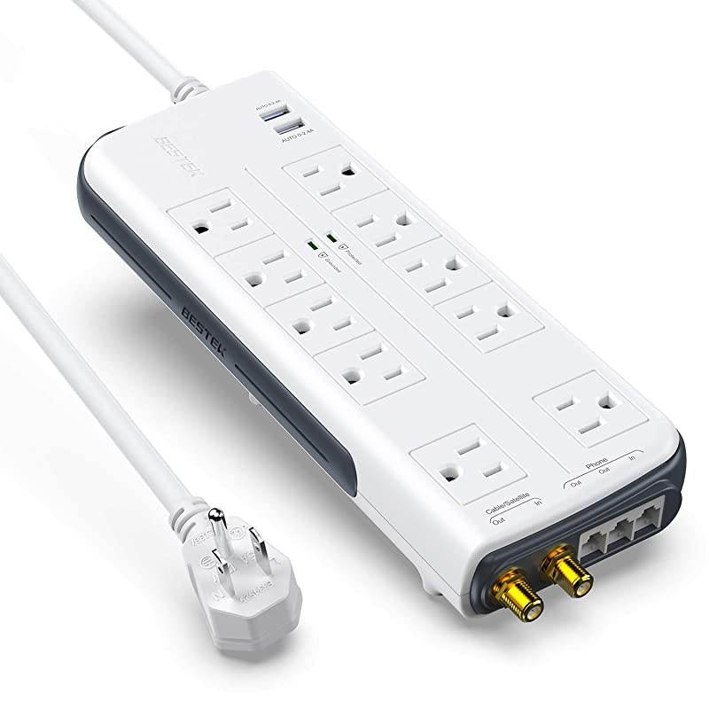10Outlet 4000 Joules Surge Protector Power Strip with USB 15A 1875W with Dual 24A USB Charging Ports 6Foot Heavy Duty Extension Cord FCCUL Listed White