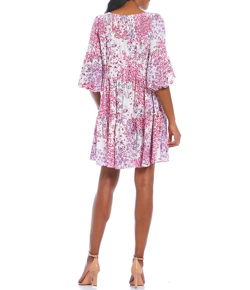 Maison Tara Balloon Short Sleeve Floral Crepe Tiered Trapeze Dress